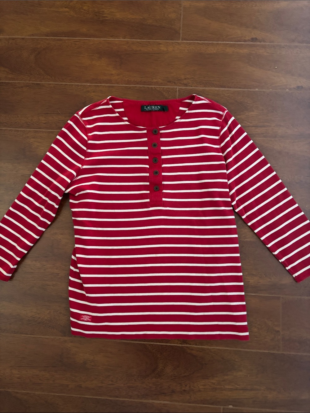 Lauren Ralph Lauren Red and White Striped Long Sleeve Henley Tee